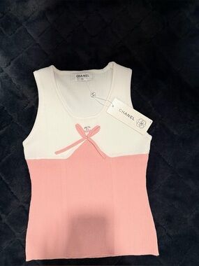 CHANEL White and Pink Ribbed Sleeveless Top with Bow Detail